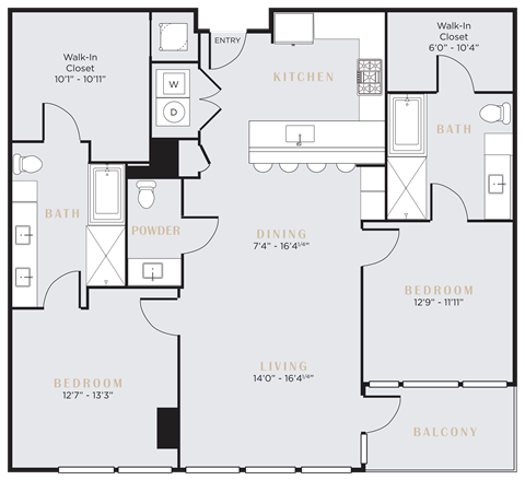 Floor plan for 2 beds, 2.5 baths, 1488 sqft